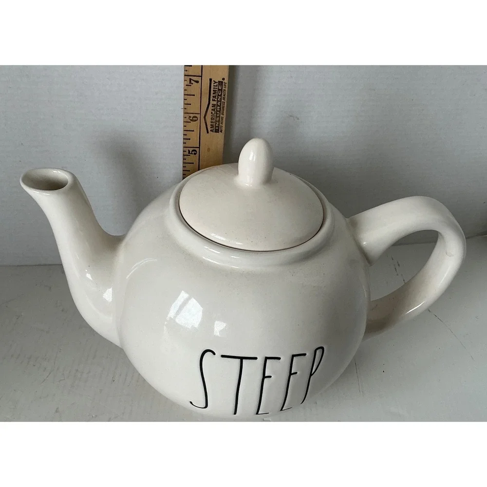 Rae Dunn STEEP Ceramic Teapot Farmhouse Style Cream White Large Tea Pot